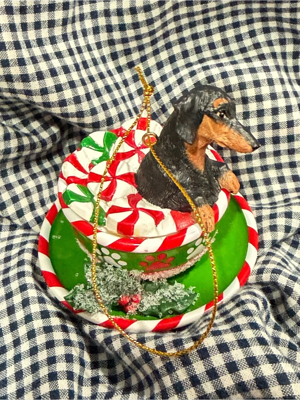 Danbury Mint Black and Brown Dachshund in Red, White and Green Teacup Ornament
